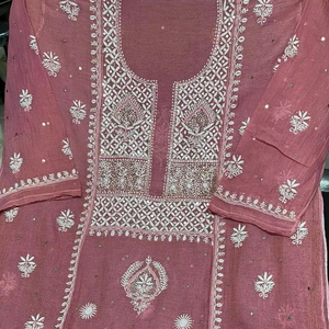 Elegante tejido rosa seda semicosido trajes Chikankari Mukaish camisa bordada a mano Dupatta patrón sólido recto - Product Image 1