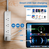 Multi Jack Safety 6 Outlet 10A 125V 1250W Câble de rallonge électrique tressé 1.5M avec 2 ports USB et Type C Multiprise