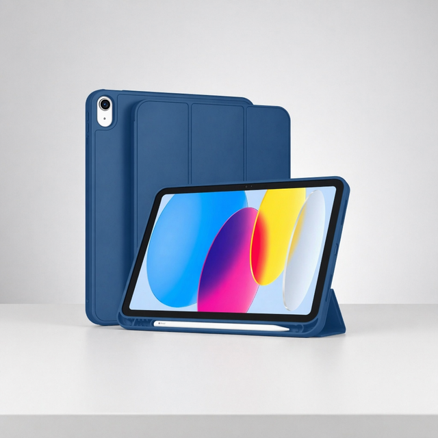 iPad 10th Gen 11" Slim Trifold Stand Case with Pencil Holder & Auto Sleep/Wake Protective PU TPU Cover Navy Blue Left