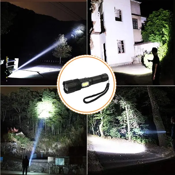 Torcia ricaricabile con Zoom ricaricabile a Led autodifesa di emergenza luminosa portatile multifunzione in lega di alluminio