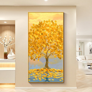 Golden Money Tree Oil <b>Canvas</b> Painting Vertical Framed <b>Wall</b> Art For Entryway Hallway Decor - Product Image 4