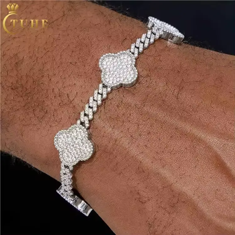 Fashion Femme Gift Jewelry 6mm 925 Sterling Silver VVS Moissanite Agate Four Leaf Clover Tennis Bracelet For Valentine's Day