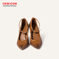 Luxuriöse Damen-Pumps aus geflochtenem Leder mit hohem Absatz, eleganter spitzer Zehenpartie und Knöchelriemen, handgefertigt, Vintage-Stil, geflochtene Sommer-Abendschuhe, Hellbraun