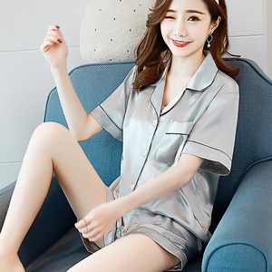 2026 Trendprodukte für den Sommer: Rosa Seidensatin-Schlafanzug, Damen-Pyjama-<span class=keywords><strong>Set</strong></span> mit kurzen Ärmeln - Product Image 3
