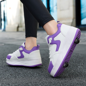 Chaussures à roulettes à quatre roues pour enfants, plateforme blanche et violette, décontractées, antidérapantes, pour garçons de 7 à 12 ans - Product Image 1