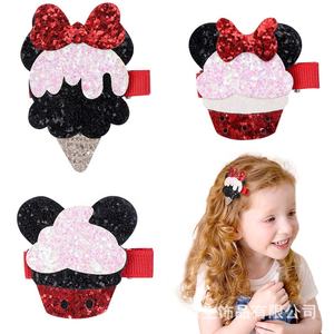 Vente en gros de pinces à cheveux pour petites filles, motifs dessin animé mignons, pailletés rose et rouge, motifs chat, cerise, crème glacée, pour fête - Product Image 5