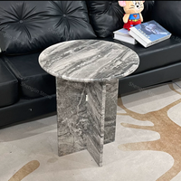Table d'appoint ronde en marbre naturel avec base en forme de V unique, table d'appoint de canapé en pierre multicolore pour la décoration du salon