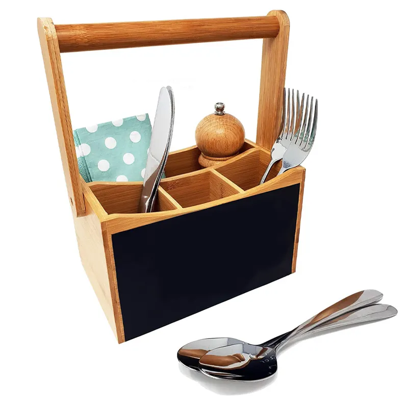 Tragbare Picknick Bambus Holz 4 Fächer Besteck Organizer Aufbewahrung sbox Utensil Caddy Besteck halter mit Griff Tafel