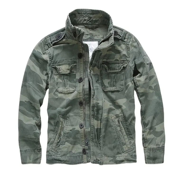 High quality casual multi-pocket camouflage jacket coat khaki green pattern denim jacket custom camo denim jacket men