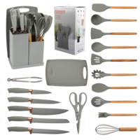 Ensemble d'ustensiles de cuisine en silicone écologique 19 pièces avec manche en bois, planche à découper et seau de rangement – Vente chaude