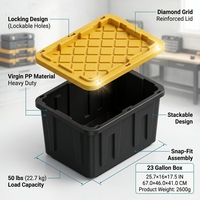 Bac de rangement en plastique robuste empilable résistant aux intempéries de 23 gallons, corps noir avec couvercle jaune pour le rangement dans les garages et entrepôts