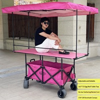 Chariot de camping pliable rose en métal à quatre roues, hauteur réglable 60 pouces, avec auvent de table et pare-soleil, capacité de charge 250 kg