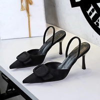 Sepatu Wanita Model Pumps Hak Tinggi Tipis dengan Tali Belakang dan Ujung Runcing, Laris untuk Acara Malam