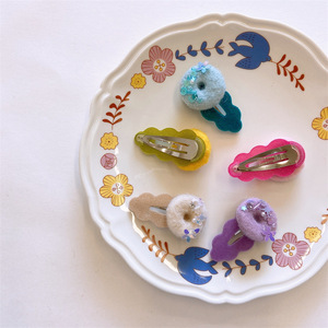 Pinzas para el cabello estilo coreano, lindas y cosidas a mano, con forma de donut para niñas, accesorios para el cabello de encaje flocado, pinzas laterales, pinzas para flequillo - Product Image 4