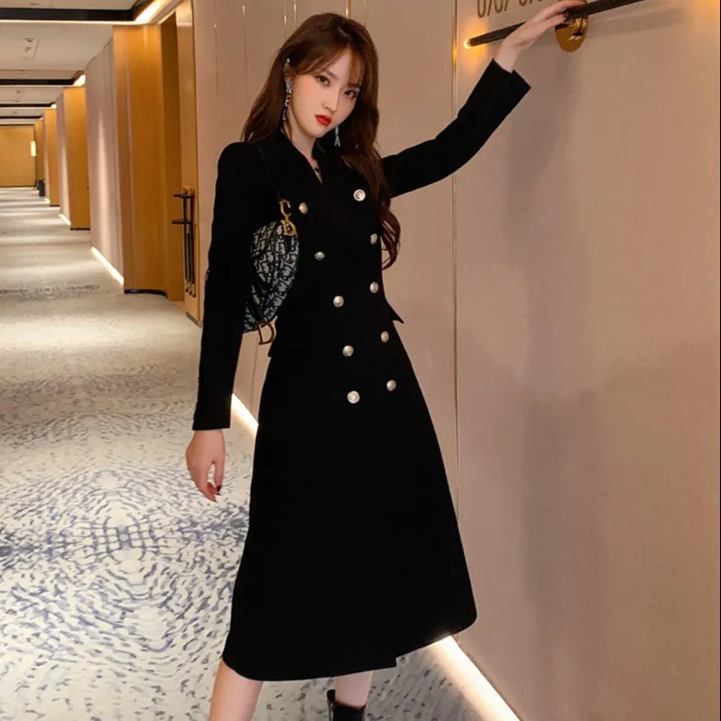 ZYHT Hot Sale 2023 French Autumn Winter Fashion Atmosphere Double-breasted Suit Trench Coats Black Women's Elegant Long Coat