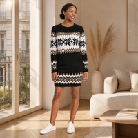 Robe Courte Femme Chic et Tendance en Maille Mélange Viscose à Col Rond et Manches Longues, Motif Flocon de Neige Fair Isle, Personnalisable avec LOGO, Noire, Automne Hiver