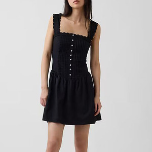 Vestido corto de algodón con encaje y cuello cuadrado para mujer, vestido informal de verano con botones plisados ​​de estilo vintage - Product Image 1