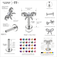 Piercing Labret en Titane ASTM-F136 avec Nœud Papillon et Zircon Cubique à Dos Plat, Filetage Interne, pour Cartilage d'Oreille, Hélix, Tragus