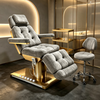 Fauteuil de beauté chauffant électrique en velours à 3 moteurs, lit facial inclinable avec base dorée, chaise de salon avec tabouret et chariot pour institut de beauté et spa