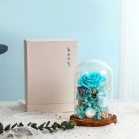 Bunga buatan tangan mawar diawetkan, Austin,Hydrangea, lumut dalam dasar kayu kubah kaca hadiah baru untuk wanita