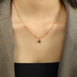 French Retro Green Glass Pendant Necklace 18k Gold Plated <b>Titanium</b> Steel Clavicle <b>Chain</b> Stackable Fashion Jewelry - Product Image 4