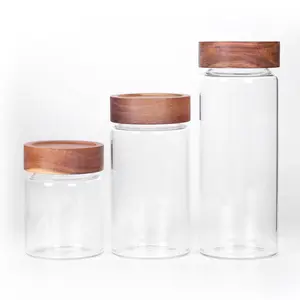 Borosilicate glass canister with acacia wood lid for Sugar Tea Coffee Beans candy spice glass jar jar with lid