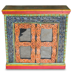 Armoire de rangement vintage en bois massif peinte à la main avec porte sculptée, meuble artisanal pour cuisine et salon - Product Image 4