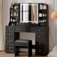 Ensemble de coiffeuse avec miroir et éclairage, bureau de coiffeuse moderne avec tiroirs de rangement, étagères et siège rembourré