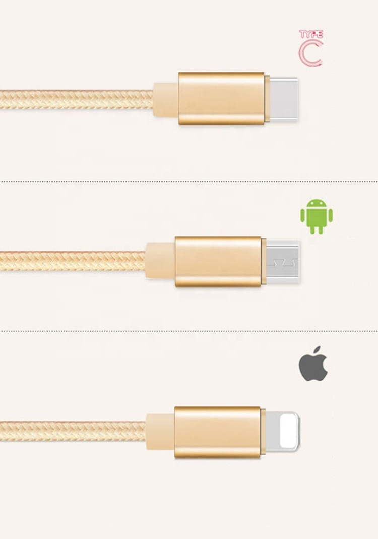 1.2m tresse en nylon 3 en 1 micro usb type c charge rapide 3 en 1 câble usb c