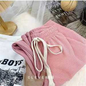 Pantalon large pour femme, coupe droite, à rayures, taille haute élastique avec cordon de serrage, couleur unie - Product Image 5