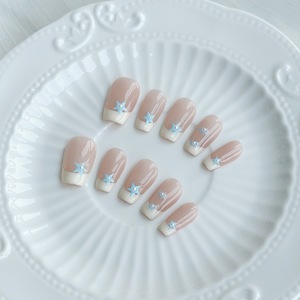 Hand-made Press-on <strong>Nails</strong> New Fashion French <strong>Design</strong> Short <strong>Coffin</strong> <strong>Blue</strong> Star BOW ABS Acrylic Artificial <strong>Nails</strong> - Product Image 2