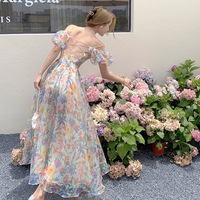 Robe longue d'été pour femme, asymétrique à une épaule, manches bouffantes, motif floral, taille à nouer, respirante, cache-maillot de plage, coupe trapèze, en polyester/coton
