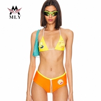 Tweedelig bikini-set met trekkoord, hoge taille, op maat gemaakte badkleding voor dames, halter top met fruitprint, sportieve shorts