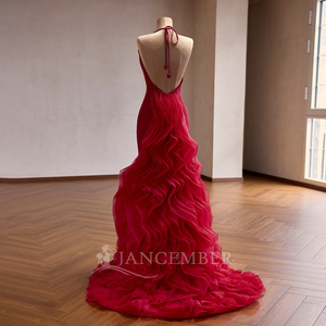 Rsm251077 Elegant <b>Red</b> Halter Evening Dress Sleeveless Ruffles Customizable Prom Gown Jancember - Product Image 4