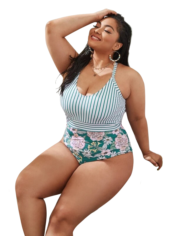 2022 New Design DAMO Plus Size Sexy Ladies Tankini Strip Flowers Printed Swimsuits Back Hollow Out Recycled Nylon Swimwear