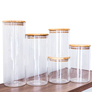 Set 4 Round Glass Canisters Airtight Bamboo Lid Glass Storage Jars For Kitchen