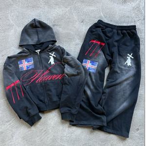 Streetwear 100% coton éponge française de haute qualité délavé à l'acide Ensemble de sweat à capuche pour homme Pantalon de survêtement d'hiver vintage décontracté - Product Image 1