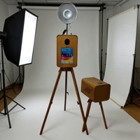 Photomaton en bois de chêne 12,9 pouces avec imprimante, support pour appareil photo reflex numérique, coque de photomaton vintage pour fêtes et événements avec valise de transport