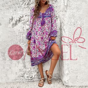 KISS ME ANGEL SM L XL Sommer lässig Strand Urlaub Druck V-Ausschnitt Bindung locker langärmeliges Kleid für Damen - Product Image 1