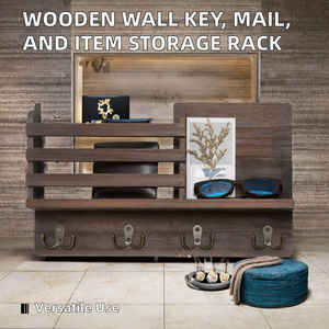 <span class=keywords><strong>Porte</strong></span>-clés <span class=keywords><strong>mural</strong></span> avec étagère, <span class=keywords><strong>porte</strong></span>-clés en <span class=keywords><strong>bois</strong></span> rustique, organisateur de courrier, crochets pour clés, manteaux, laisse de chien, lettres - Product Image 2