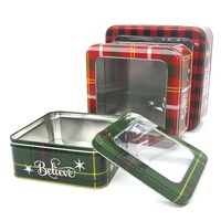 Boîte en fer blanc carrée de Noël avec couvercle à levier 150x150x55mm, qualité alimentaire, avec fenêtre, pour biscuits et bonbons, impression personnalisée Père Noël, marque YXL