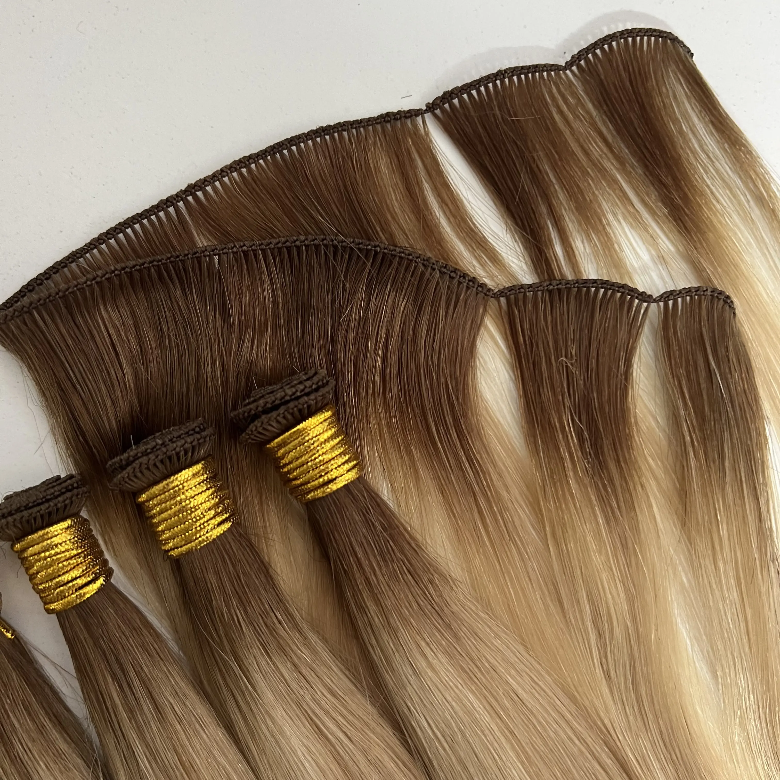 Meilleure vente 100% cheveux européens pleine cuticule Double dessiné trame attachée à la main avec des points de coupe d'un fournisseur de donneur unique
