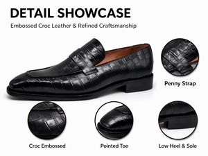Mocasines Negros de Hombre con Estampado de Cocodrilo, de Piel Genuina, con Suela de Goma, para Oficina, Carrera, Boda, Formales, con Punta en Pico, Venta al por Mayor - Product Image 2
