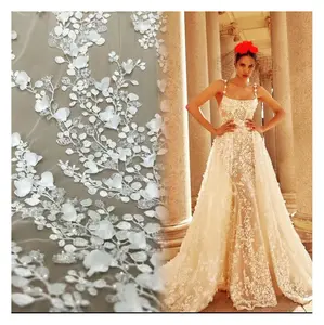 高品质婚纱3D雪纺花蕾丝面料刺绣珠子蕾丝亮片面料婚礼