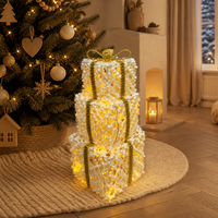 Lot de boîtes cadeaux de Noël en fer texturé lumineuses, 3 tailles, ruban doré tricoté, LED chaudes, pour décoration intérieure, style européen et américain