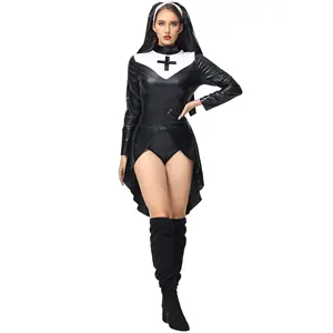 Fantasia de freira gótica feminina para cosplay, fantasia de carnaval em PU para Halloween, fantasia de freira medieval para mulheres