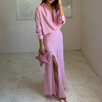 Nouvelle collection été : Ensemble robe chemise boutonnée à manches longues rayée, style décontracté, mode transfrontalière européenne et américaine pour femme