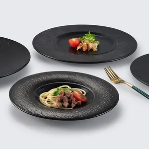 Wholesale Luxury Matte Black Wedding Round Flat Dinner Plates Melamine Serving Dishes Restaurant