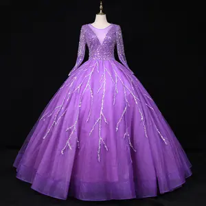 New Arrival 2023 Prom Evening Dresses Purple Sequin Wedding Gown Bridesmaid Long Sleeve Colorful Tulle Party Dress