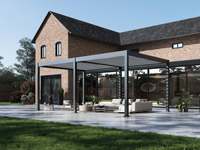 Vente en gros Design moderne Pergola bioclimatique Pare-soleil Toit à persiennes imperméable en aluminium avec moteur Bois naturel traité sous pression